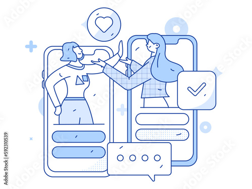 Virtual characters social communication concept business flat vector hand drawn illustration
