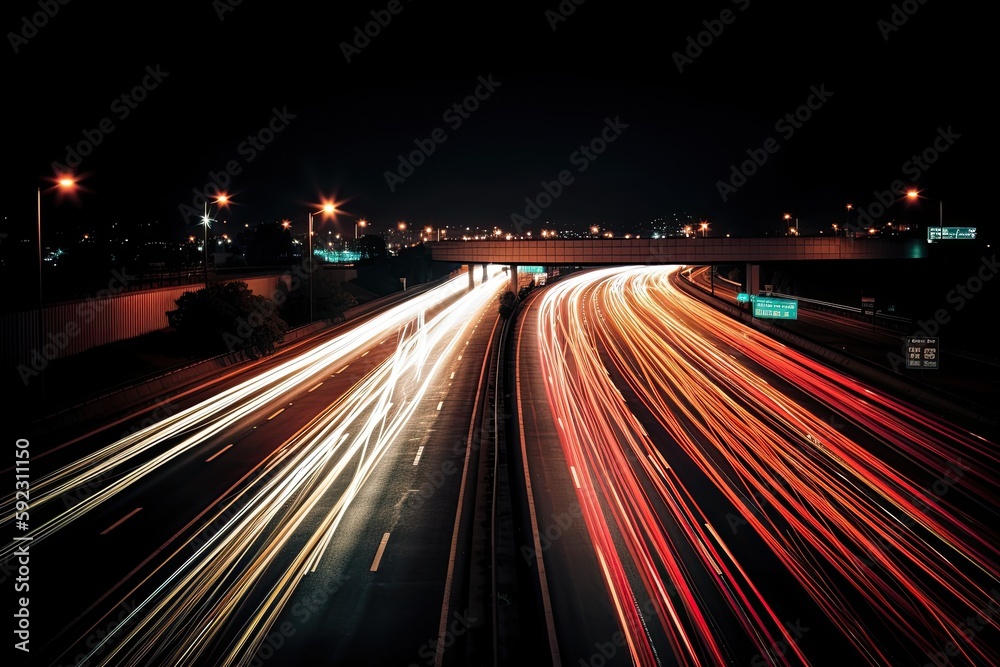 Highway Traffic by Night: Capturing the Magic of Long Exposure - Cars Blurring into Red Lights. Generative AI