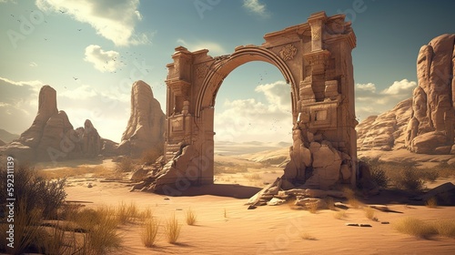 Ancient Architecture on a Desert Scenic Landscape - Digital Artwork Background: Generative AI