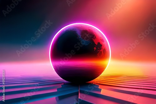 3d render, abstract background with colorful vibrant neon light behind the black ball. Eclipse concept © DESIGN