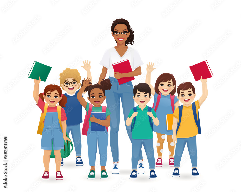 Female African teacher woman standing with group of school children kids with backpacks and books isolated vector illustration - obrazy, fototapety, plakaty 