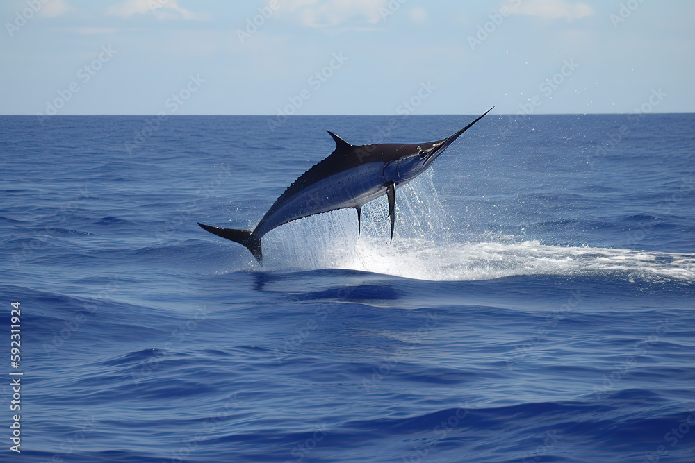 Fototapeta premium Blue Marlin jumping out of water. Generative AI