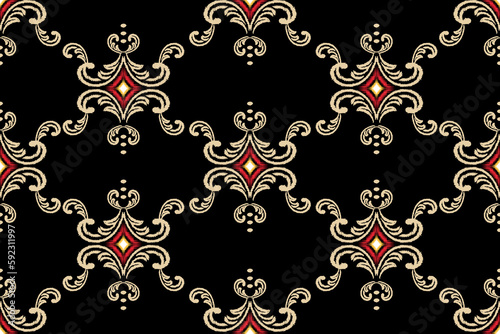 Seamless pattern in tribal style. Folk embroidery and mexican style on black background, geometric aztec art print for rugs, wallpapers, clothing, shawls, fabrics, textiles.