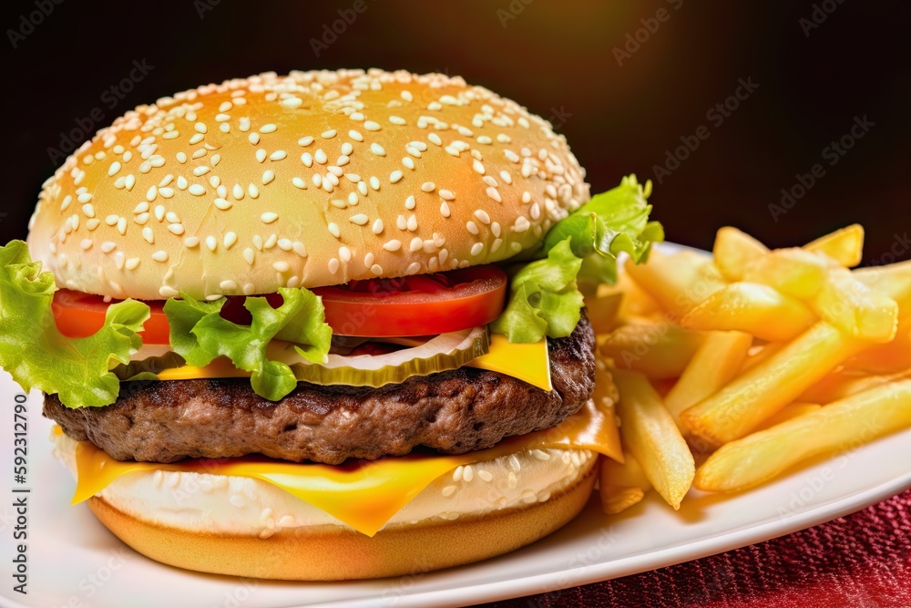 Close-up shot of a hamburger on a white plate with potatoes beside it