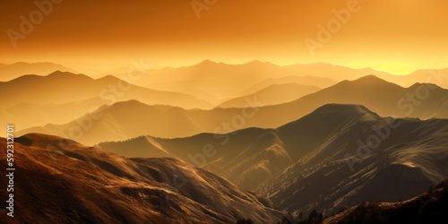 eastern sunset mountain landscape, fictional landscape created with generative ai