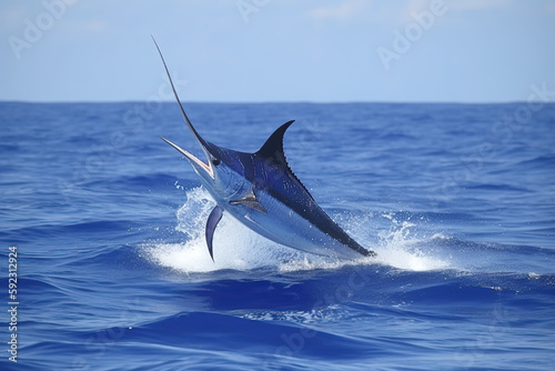 Blue Marlin jumping out of water. Generative AI
