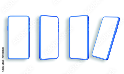3D Set of blue phone colors with a white mockup isolated on white background, For the using mobile smartphone mockup presentation. 3d render illustration.