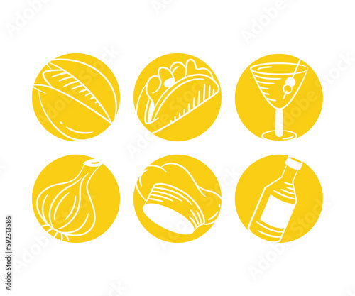 sketch food, garlic, chef hat in yellow buttons