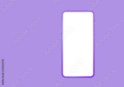 3D purple phone with a white mockup and copy space isolated on a purple background, For the using mobile smartphone mockup presentation. 3d render illustration.