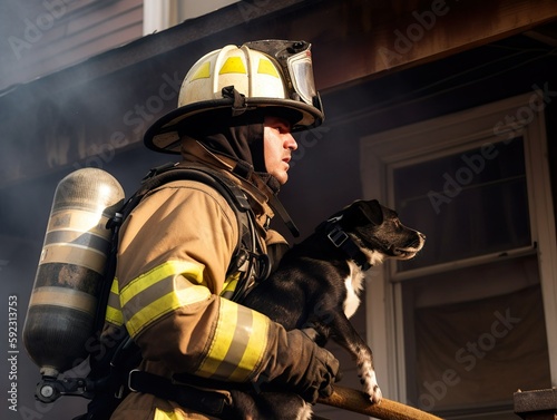 Firefighter rescuing a pet from a burning building 