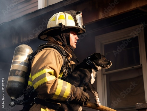 Firefighter rescuing a pet from a burning building  photo