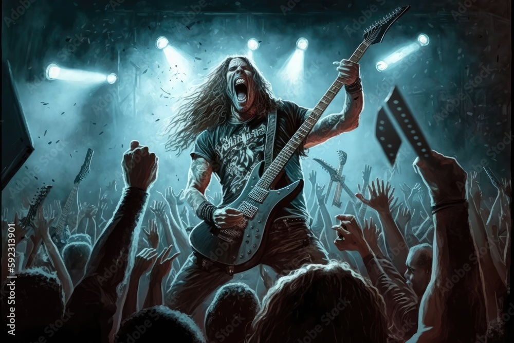 heavy metal guitarist, shredding away on stage, with mass of fans cheering in the background, created with generative ai - obrazy, fototapety, plakaty 