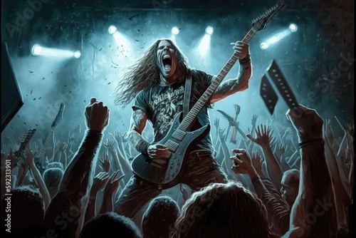 Canvastavla heavy metal guitarist, shredding away on stage, with mass of fans cheering in th