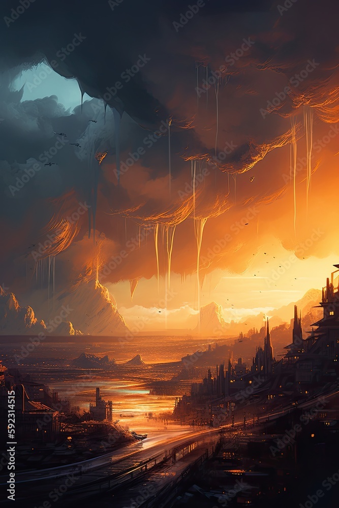 Majestic Cloudscape Contrasts Flickering Storm Clouds Looming over an Orange Glowing Sci-Fi Cityscape - Digital Evening Concept Art Speed Painting: Generative AI
