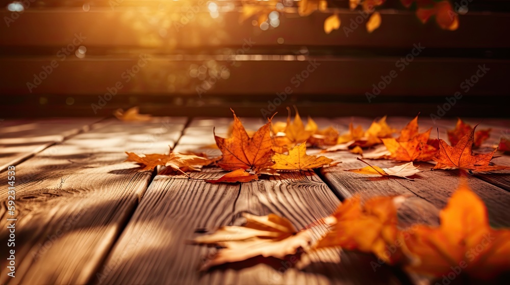 Stunning Autumn Season with Orange Fall Leaves on Wooden Floor - Maple Trees in the Background, Generative AI