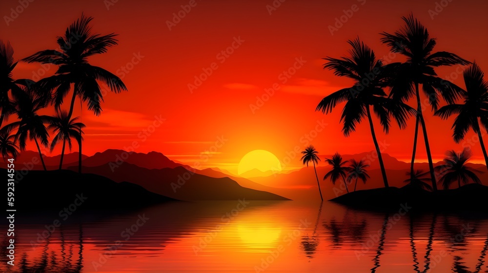 A breathtaking sunset over the ocean, with vibrant hues of orange and red reflecting on the water. Silhouettes of palm trees and a distant mountain add to the scenic landscape.