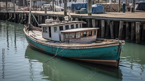 Sailing Into the Sunset: An Old Fishing Boat Docks at the Harbor: Generative AI