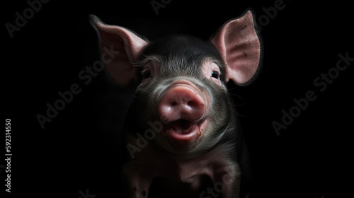 Sweet Smiling Baby Pig Brings Joy and Happiness to Dark Background: Generative AI © AIGen