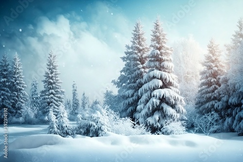 Winter background of a pine forest of snow and frost
