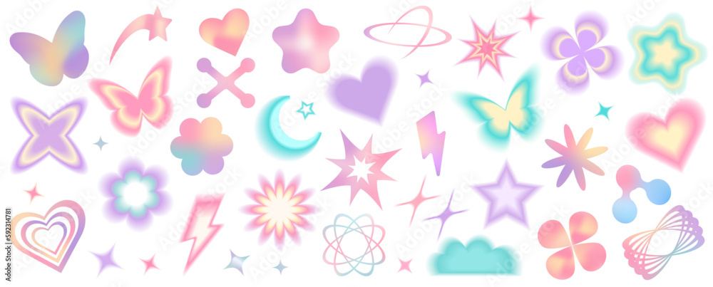 Set of mesh blurred unfocused gradient stickers in pastel colors. Abstract geometric shapes in trendy y2k retro style.