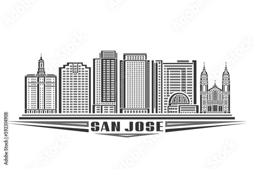 Vector illustration of San Jose, monochrome card with linear design famous californian city scape, american urban line art concept with decorative lettering for black text san jose on white background