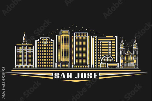 Vector illustration of San Jose, dark horizontal poster with linear design californian city scape on dusk sky background, american urban line art concept with decorative letteing for text san jose