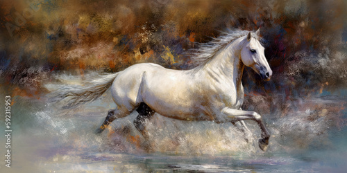 Illustration of white horse running in full gallop  AI generative
