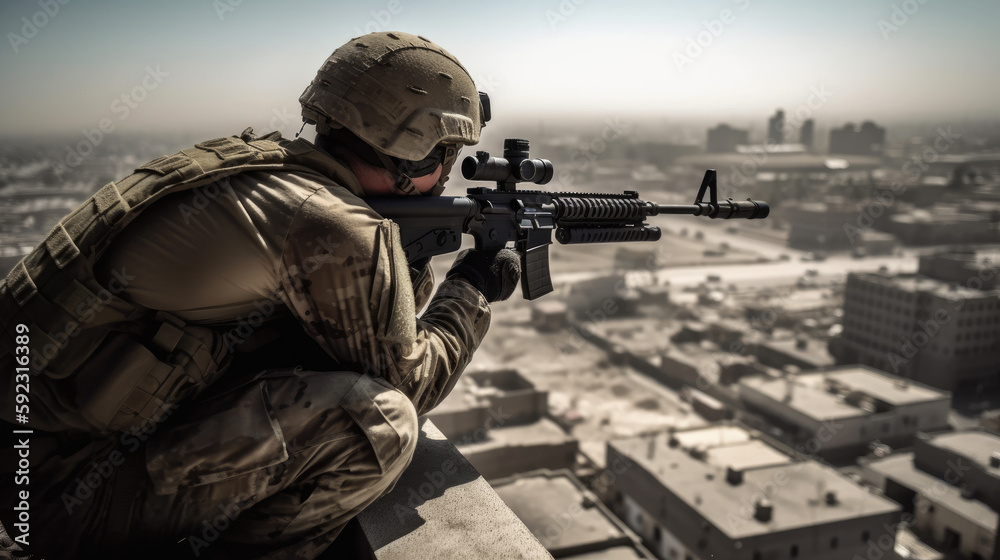 A soldier holding a position on a rooftop, with a panoramic view of the battlefield below, capturing the soldiers' skill and precision as they take aim at enemy targets A soldier holding a position on a rooftop, with a panoramic view of the battlefield below, capturing the soldiers' skill and precision as they take aim at enemy targets