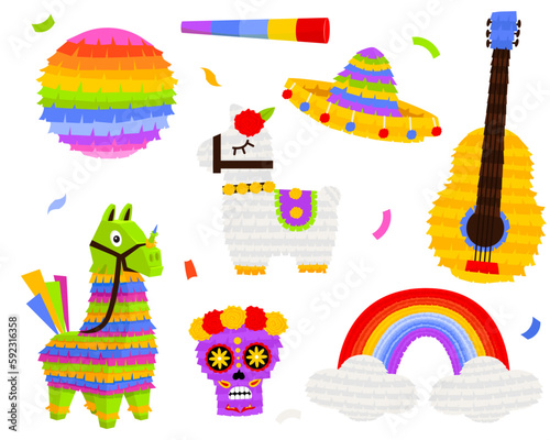 Mexican pinatas donkey and llama, colorful toys with treats. Mexican Party