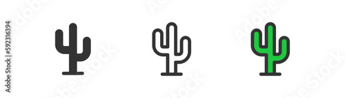 Cactus icon on light background. Desert symbol. Sun, empty, plant, saguaro cactus. Outline, flat and colored style. Flat design. Vector illustration.