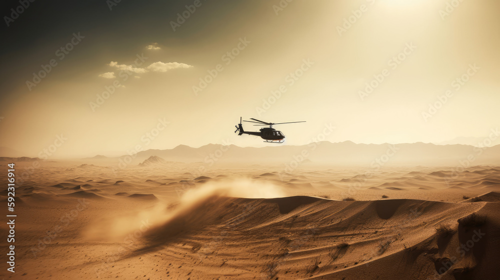 A military chopper flying low over a desert landscape, kicking up a plume of dust, the harsh sun casting long shadows, the rugged terrain stretching out to the horizon A military chopper flying low over a desert landscape, kicking up a plume of dust, the harsh sun casting long shadows, the rugged terrain stretching out to the horizon