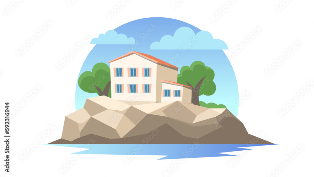 Modern real estate flat emblem. Country villa stands on a cliff. Summer horizontal illustration summer residence by the water.