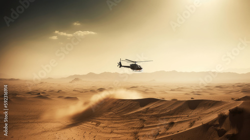 Foto A military chopper flying low over a desert landscape, kicking up a plume of dus
