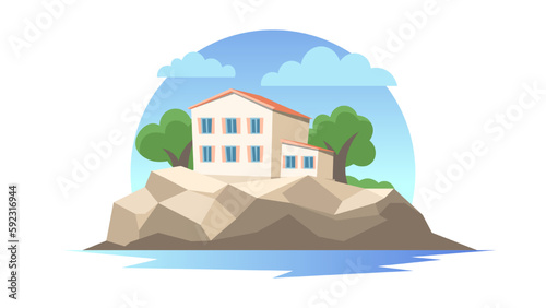 Modern real estate flat emblem. Country villa stands on a cliff. Summer horizontal illustration summer residence by the water.