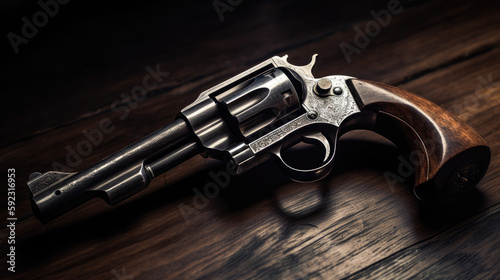 A vintage revolver lying on a weathered wooden table, the gun's metal gleaming in the dim light