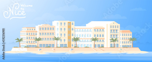 Tourist resort in Nice by the sea. Flat street with buildings horizontal illustration.