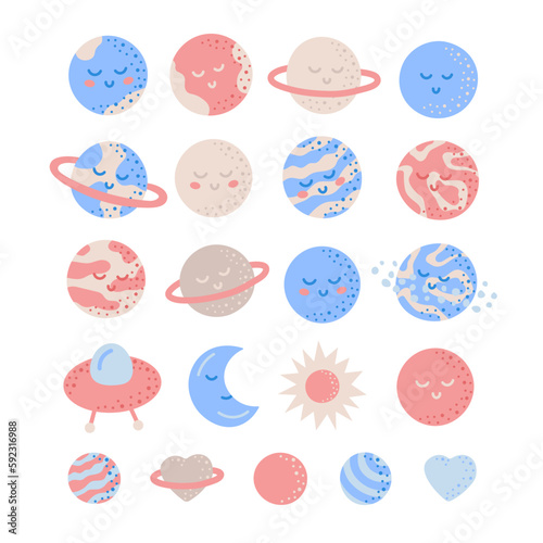 Set of cute childish smiling planets isolated on white background.