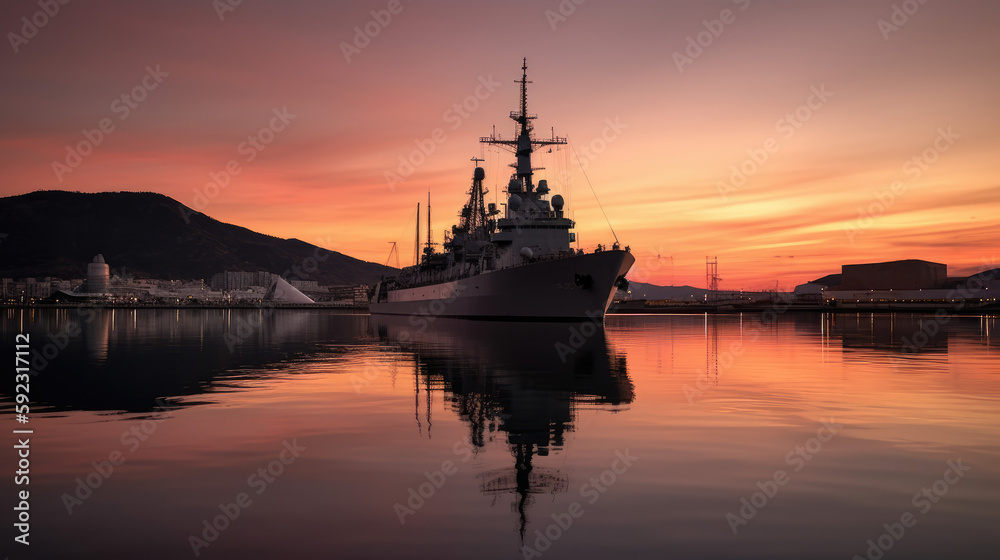 a battleship anchored in a quiet harbor at sunset