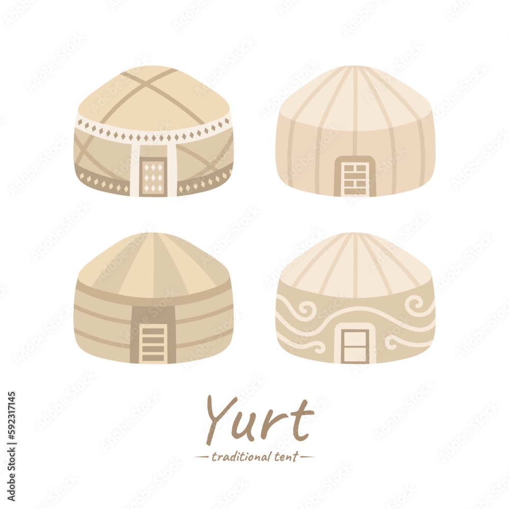 Traditional Turkic mobile tents yurt in national style isolated on white background.