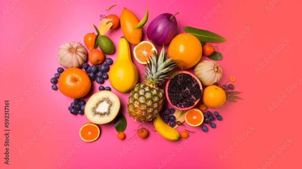 トロピカルパラダイスドラゴンフルーツ、キウイ、オレンジ、ライム、カランボラ、ブルーベリー、ココナッツなどのトロピカルフルーツGenerativeAI