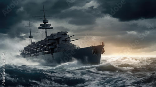 a massive battleship cutting through the choppy waves