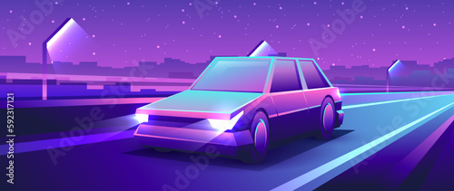 Neon car drives along night highway. Horizontal urban illustration of a realistic cityscape.