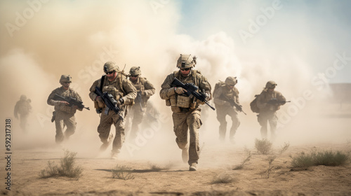 a group of soldiers advancing across a barren and desert