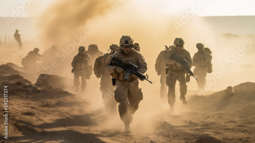 a group of soldiers advancing across a barren and desert