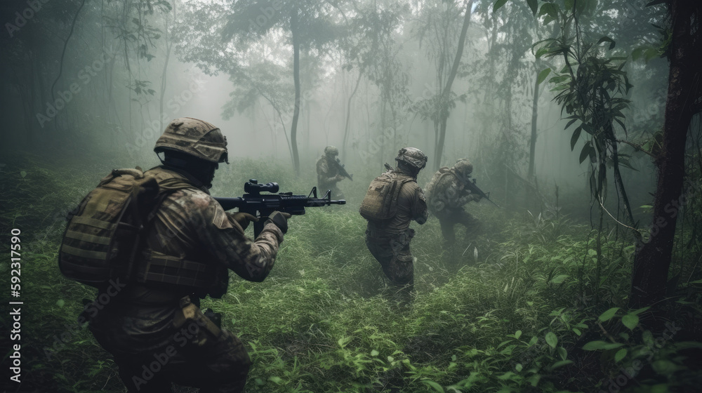 A squad of soldiers moving stealthily throug a jungle