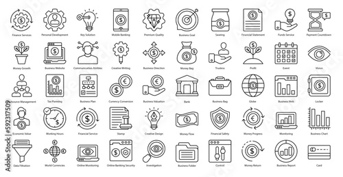 Financial Services Thin Line Icons Banking Finance Icon Set in Outline Style 50 Vector Icons in Black