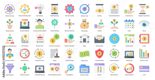 Financial Services Flat Icons Banking Finance Icon Set in Color Style 50 Vector Icons