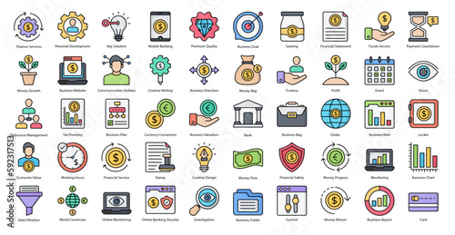 Financial Services Color Line Icons Banking Finance Icon Set in Filled Outline Style 50 Vector Icons 