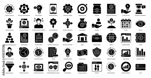 Financial Services Glyph Icons Banking Finance Icon Set in Glyph Style 50 Vector Icons in Black photo