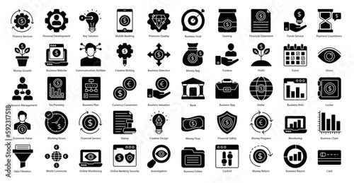 Financial Services Glyph Icons Banking Finance Icon Set in Glyph Style 50 Vector Icons in Black